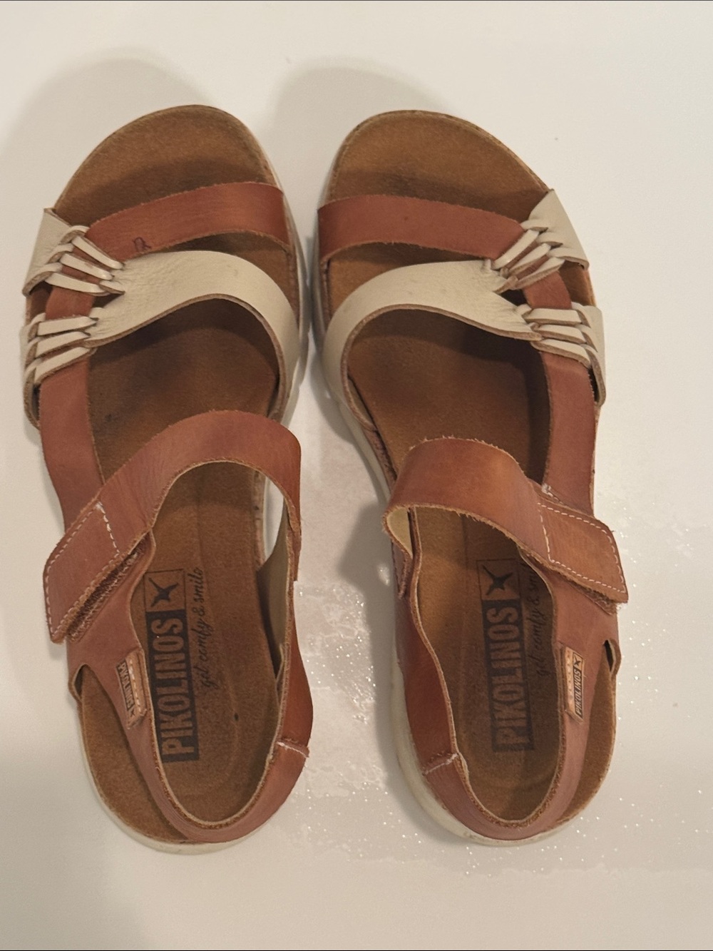 Pikolinos Brown & Cream Leather Women's Platform Sandals Size 38 Euro